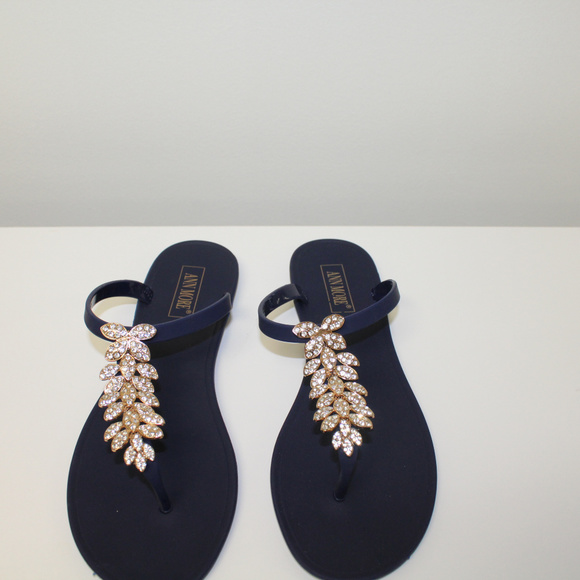 Shoes - Womens Navy Blue Rhinestone Jelly Sandals